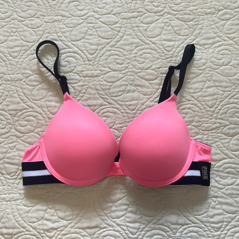 Coral and black underwire bra